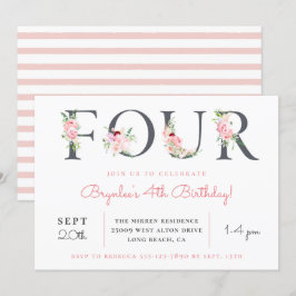 Invitación Rubor Floral CUATRO | 4.º Fiesta de cumpleaños