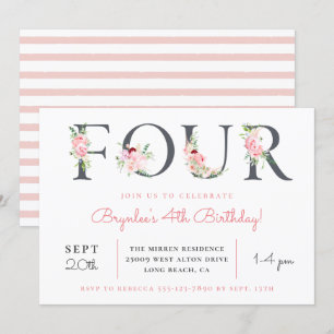 Invitación Rubor Floral CUATRO   4.º Fiesta de cumpleaños