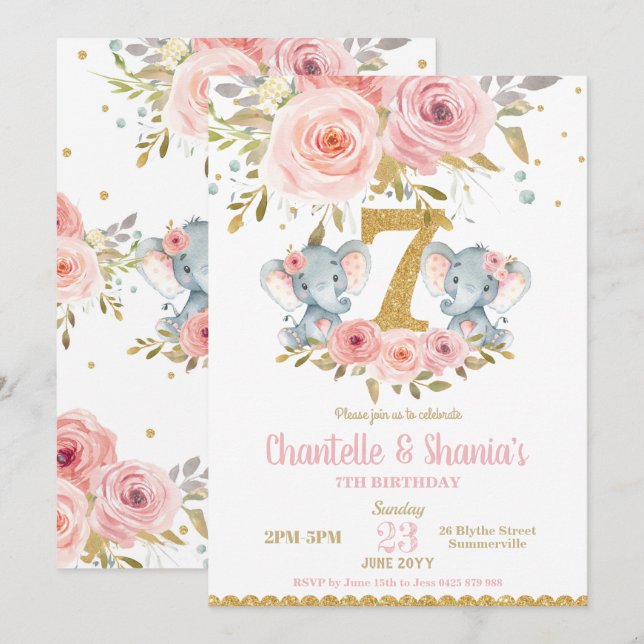 Invitación Rubor Floral Cute Elephant Chicas gemelos 7 cumple (Anverso / Reverso)