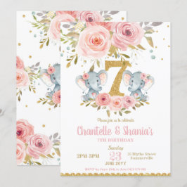 Invitación Rubor Floral Cute Elephant Chicas gemelos 7 cumple