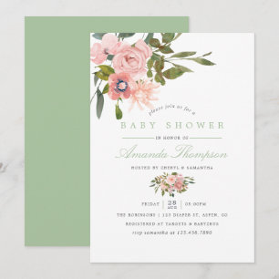 Invitación Rubor floral de acuarela y Sage Baby Shower