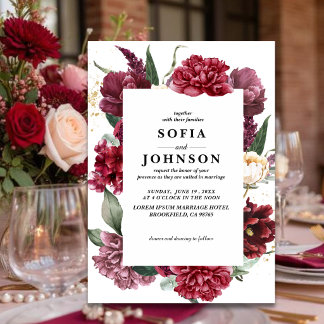Invitación Rubor Floral de Borgoña Profundo Rosa Marsala boda