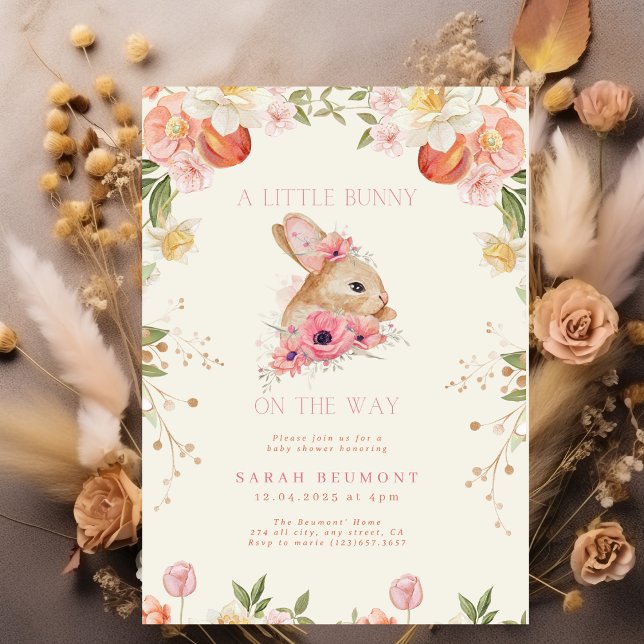 Invitación Rubor floral de flor rosa Bunny Baby Shower (Subido por el creador)