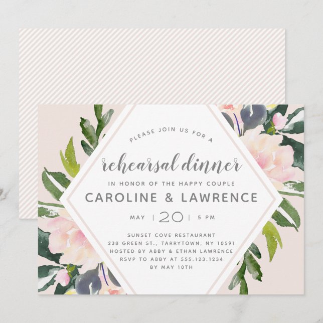 Invitación Rubor floral de primavera | Cena de ensayo Boda (Anverso / Reverso)