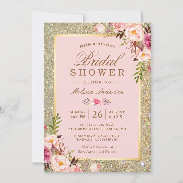 Invitación Rubor Floral dorada rosa paraliza ducha de novia (Anverso)
