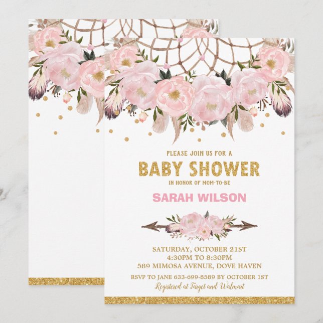 Invitación Rubor Floral Dream Catcher Baby Shower Chica Boho (Anverso / Reverso)