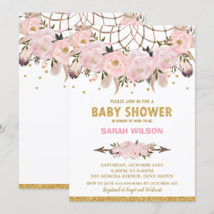 Invitación Rubor Floral Dream Catcher Baby Shower Chica Boho