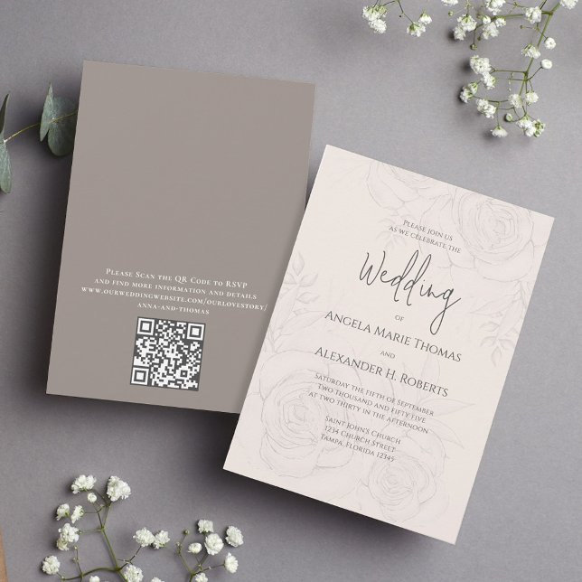 Invitación Rubor Floral Elegant Simple | Código QR (Elegant blush floral wedding invitation with elegant calligraphy script. with QR Code. )
