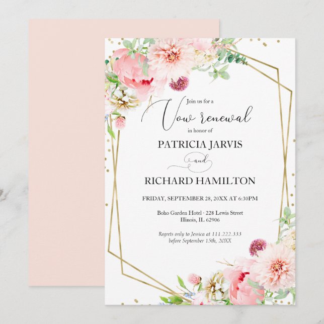 Invitación Rubor Floral Elegante Boda Geométrico Vow Renovaci (Anverso / Reverso)