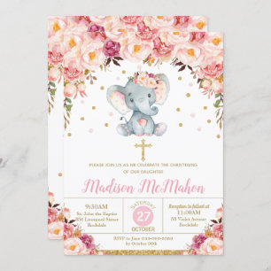 Invitación Rubor Floral Elephant Christening Baptism Chica