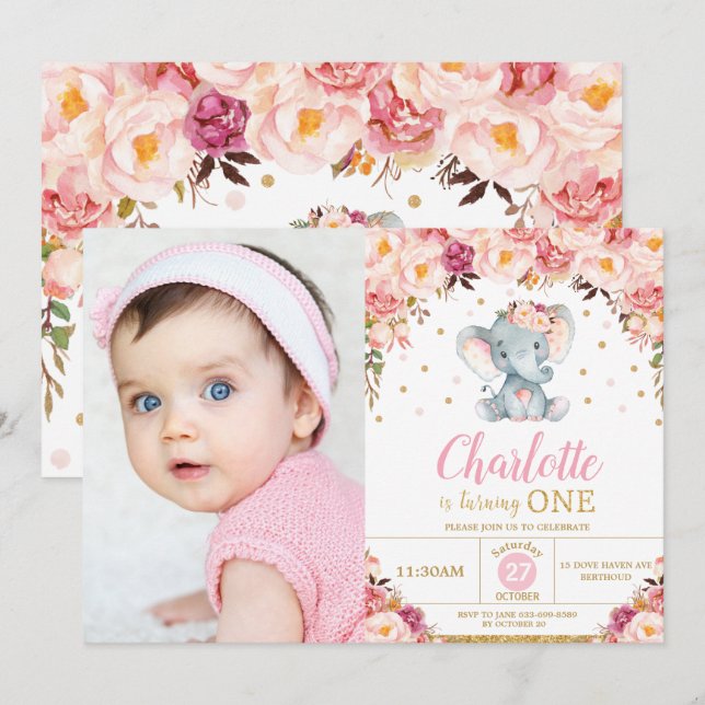 Invitación Rubor Floral Elephant Foto de oro de primer cumple (Anverso / Reverso)