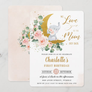 Invitación Rubor Floral Elephant Primer cumpleaños Crescent M