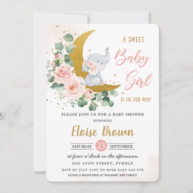 Invitación Rubor Floral Elephant Sweet Baby Shower   (Anverso)