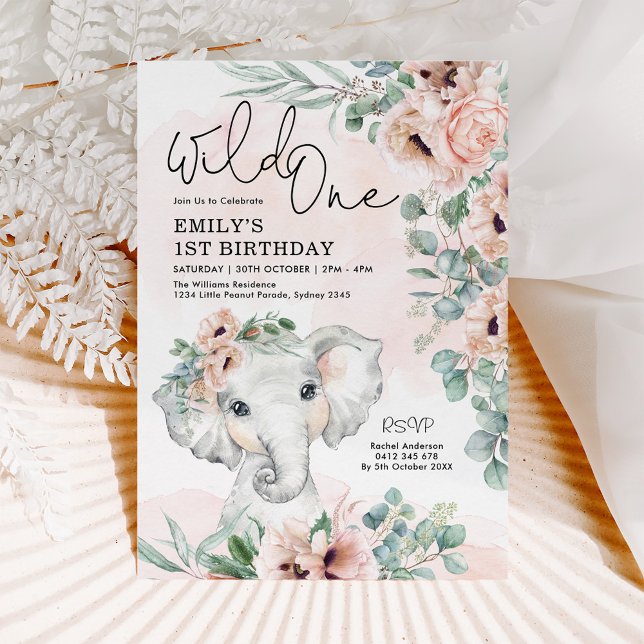 Invitación Rubor Floral Elephant Wild One First Birthday Chic (Subido por el creador)