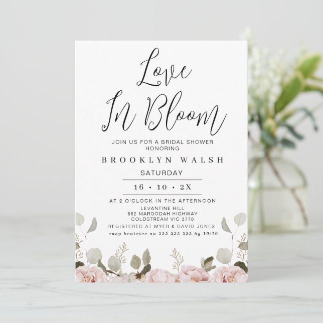 Invitación Rubor Floral Eucalyptus Love Bloom Bridal Shower (Anverso de pie)