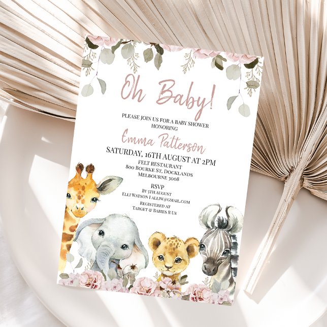 Invitación Rubor Floral Eucalyptus Safari Baby Shower (Girls safari themed baby shower invitation featuring four cute animals and blush floral arrangements)