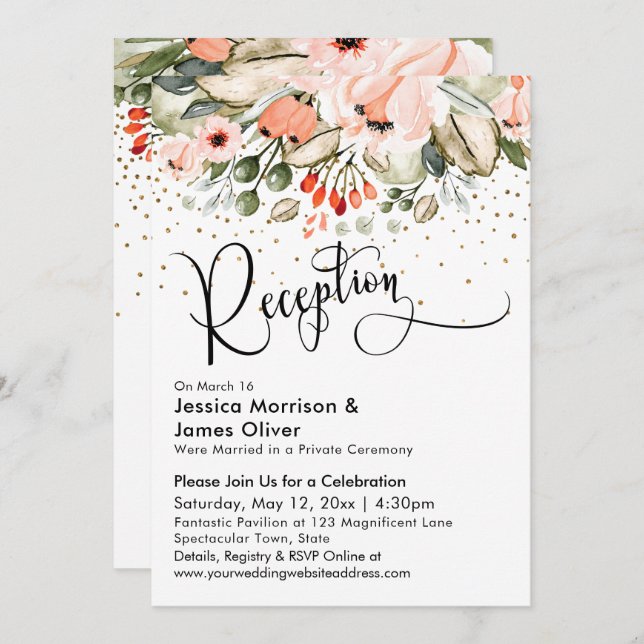Invitación Rubor Floral Faux Gold Confetti Wedding Recepción (Anverso / Reverso)