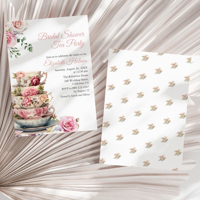 Invitación Rubor Floral Floral Rosa Teacup Bridal Shower Tea  (Blush Pink Floral Teacup Bridal Shower Tea Brunch Invitation on a sunny white dry palm leaf.)