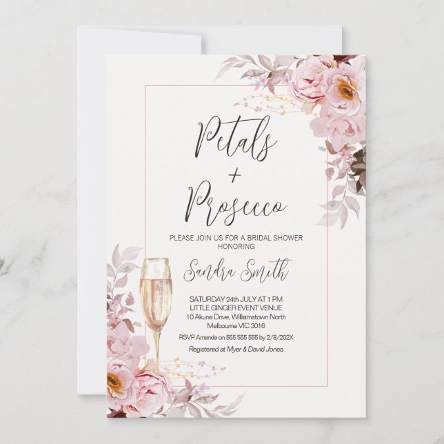 Invitación Rubor Floral Frame Petals Prosecco Bridal Shower (Anverso)