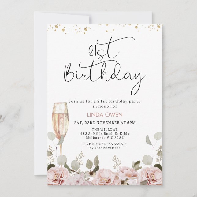 Invitación Rubor Floral Glass 21st Birthday (Anverso)