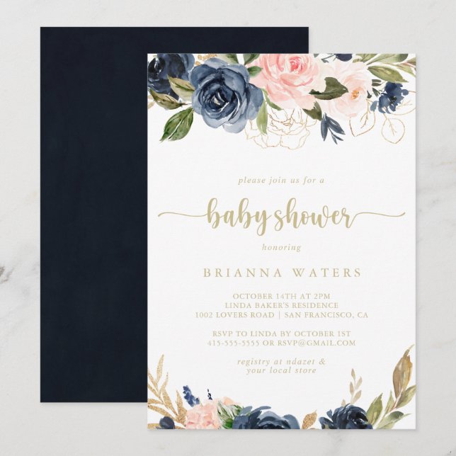 Invitación Rubor Floral Gold Baby Shower de Marina (Anverso / Reverso)