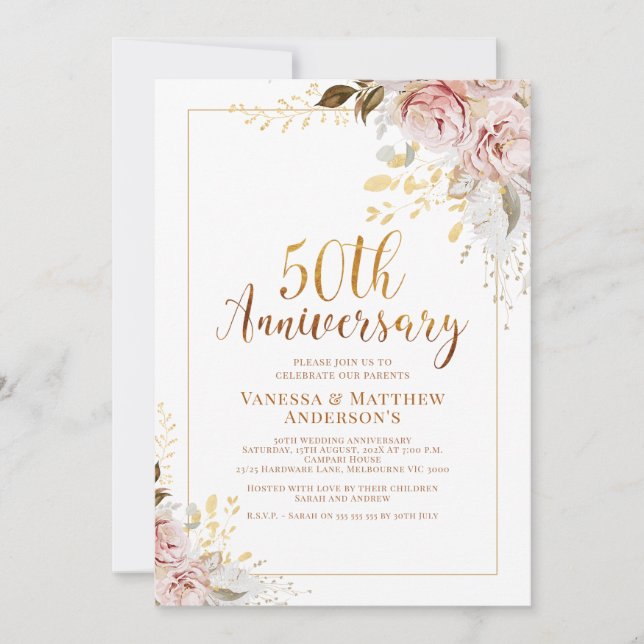 Invitación Rubor Floral Gold Calligraphy 50º aniversario (Anverso)