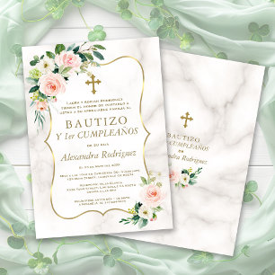 Invitación Rubor Floral Gold Español Primer bautismo de cumpl