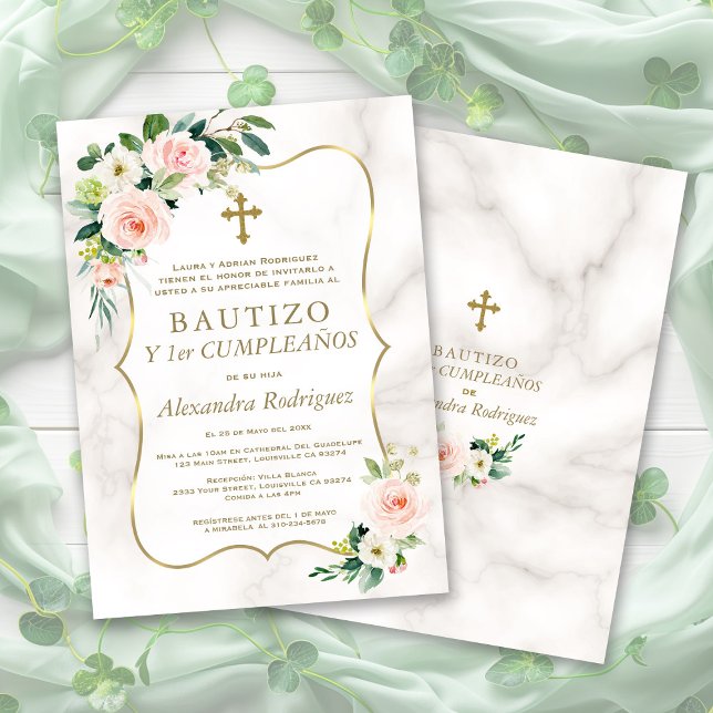 Invitación Rubor Floral Gold Español Primer bautismo de cumpl (Subido por el creador)