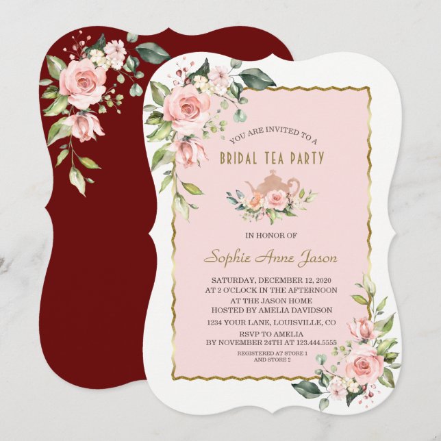 Invitación Rubor Floral Gold Frame Bridal Tea Fiesta (Anverso / Reverso)