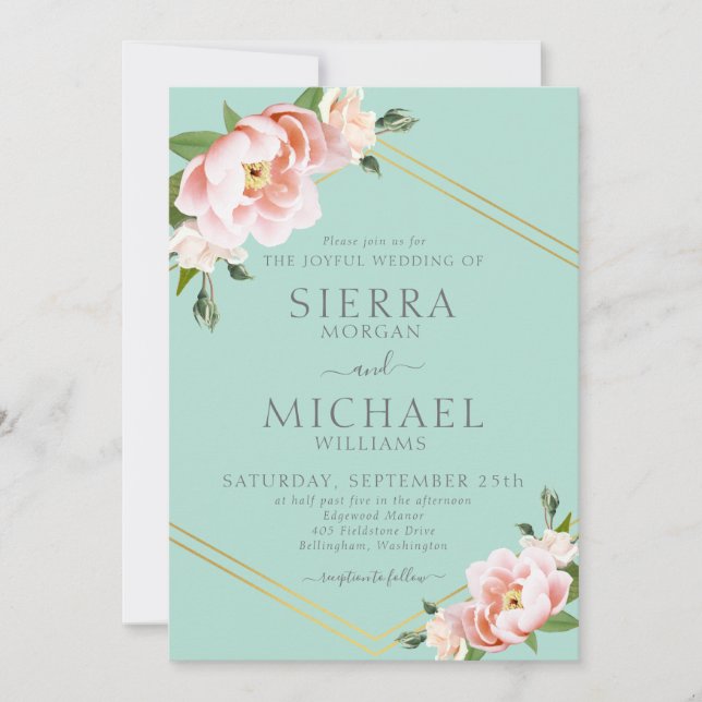 Invitación Rubor Floral Gold Geométrico Mint Green Boda (Anverso)