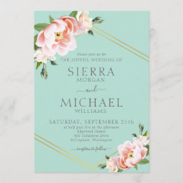 Invitación Rubor Floral Gold Geométrico Mint Green Boda