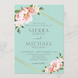 Invitación Rubor Floral Gold Geométrico Mint Green Boda
