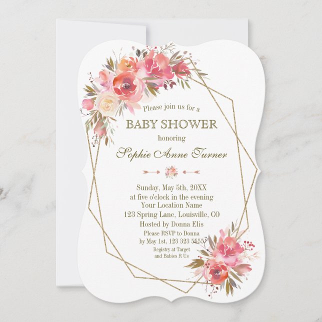 Invitación Rubor Floral Gold Purpurina Frame Baby Shower (Anverso)