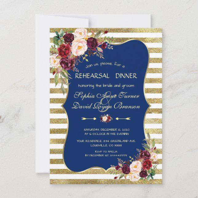 Invitación Rubor Floral Gold Stripes Ensayo Cena (Anverso)