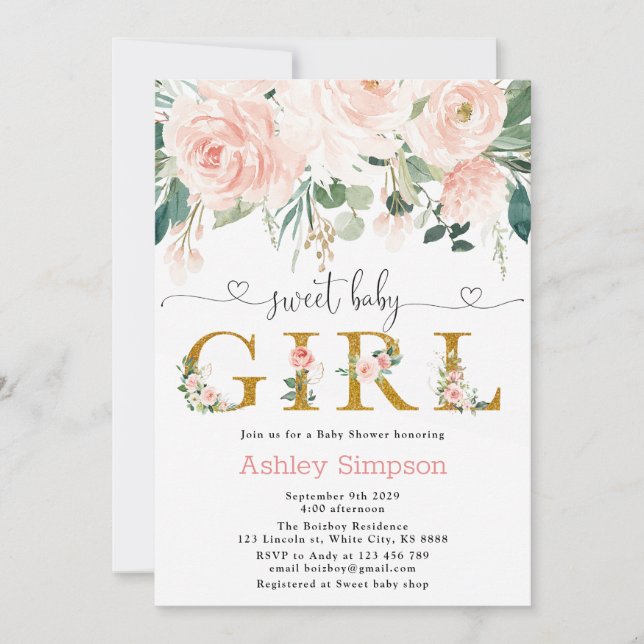 Invitación Rubor Floral Gold Sweet Chica Baby Shower (Anverso)
