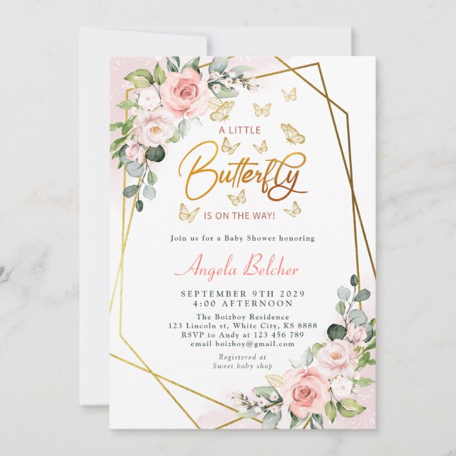 Invitación Rubor Floral Gold Un poco de mariposa Baby Shower (Anverso)