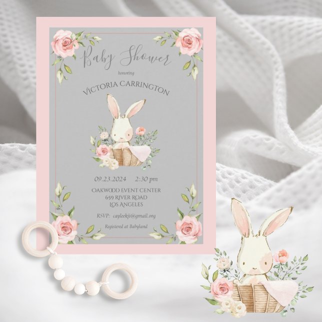 Invitación Rubor Floral Gray Bunny Rabbit Baby Shower (Subido por el creador)