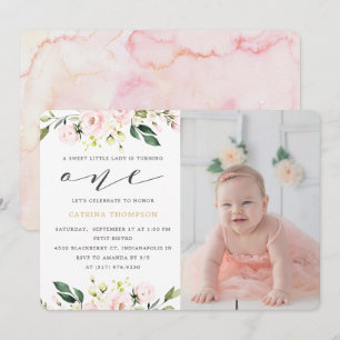 Invitación Rubor Floral Greenery Chica Foto de primer cumplea