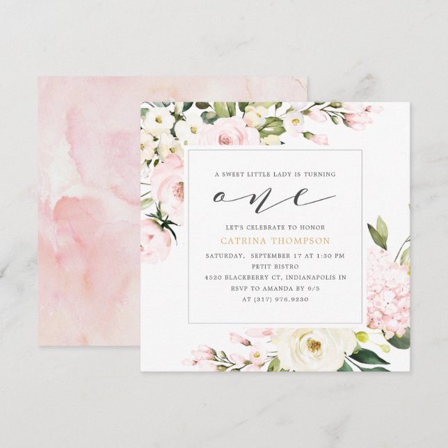 Invitación Rubor Floral Greenery Chica Primer Fiesta de Cumpl (Anverso / Reverso)