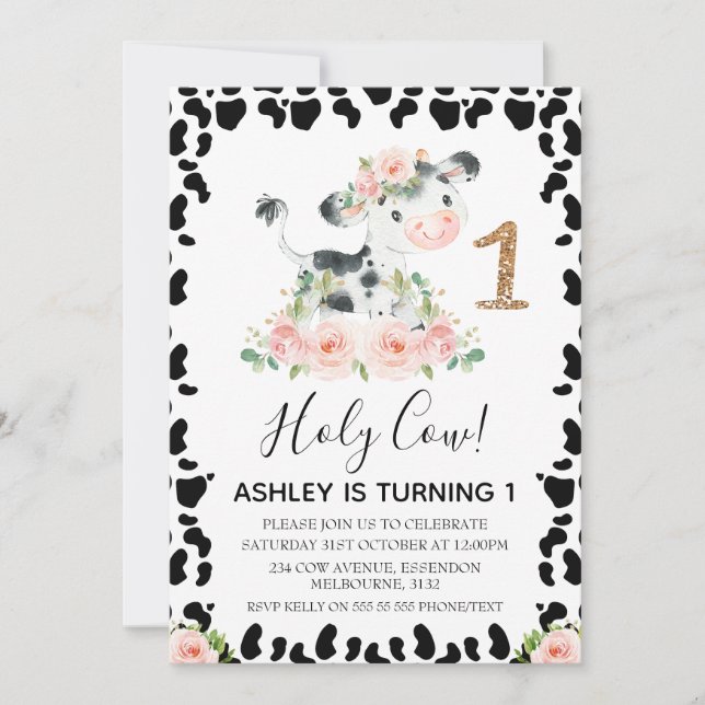 Invitación Rubor Floral Holy Cow Imprimir Primer Cumpleaños (Anverso)