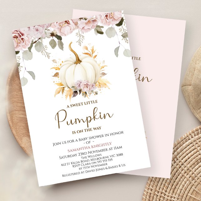 Invitación Rubor Floral Little Pumpkin Baby Shower (Girls Little Pumpkin Baby Shower Invitation, Fall Baby Shower Invitation Girl, Fall Baby Shower )