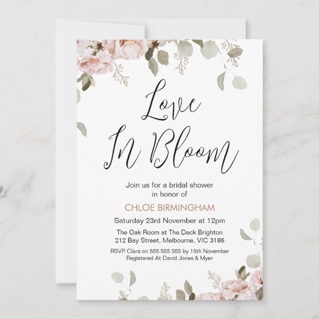 Invitación Rubor Floral Love in Bloom Bridal Shower (Anverso)