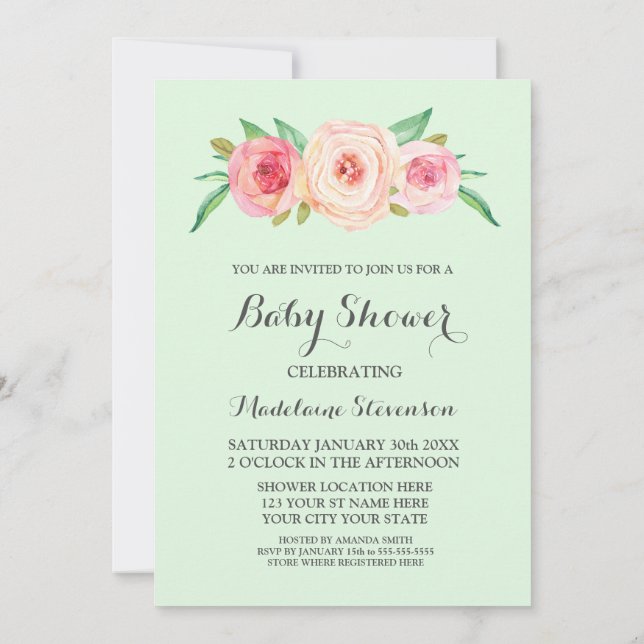 Invitación Rubor Floral Mint Green Wood Baby Shower (Reverso)