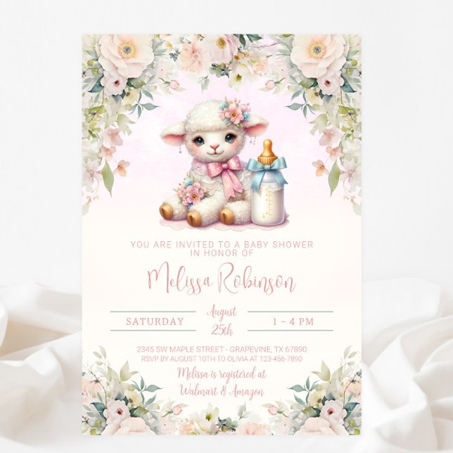 Invitación Rubor Floral Newborn Lamb Baby Shower (Subido por el creador)