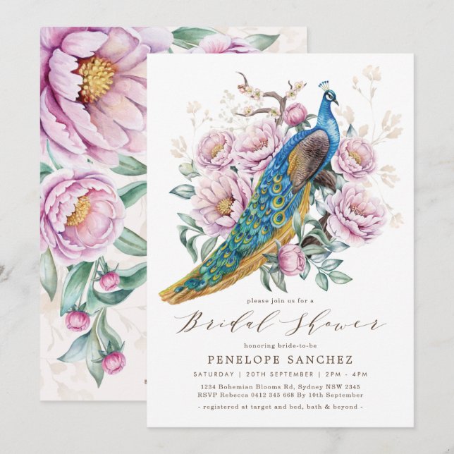 Invitación Rubor Floral Peacock Chinoiserie Bridal Shower (Anverso / Reverso)