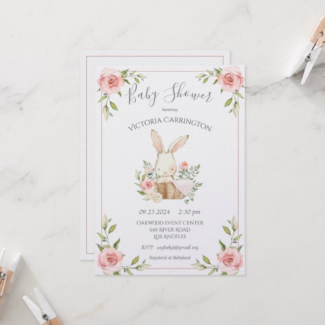 Invitación Rubor Floral Pearl Shimmer Bunny Baby Shower (Anverso/Reverso In Situ)