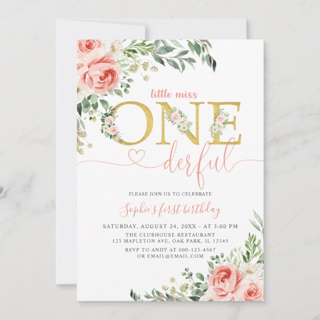 Invitación Rubor Floral Pequeño Chica maravilloso Primer cump (Anverso)