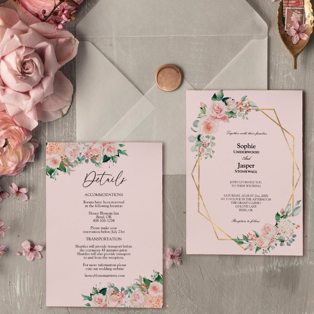 Invitación Rubor Floral Pink Simple Todo En Un Boda (Subido por el creador)