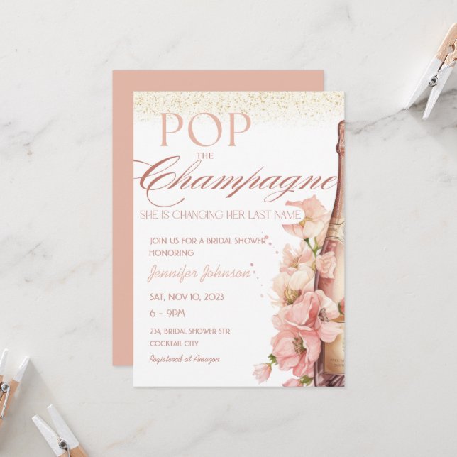 Invitación Rubor Floral Pop la ducha de novias de champagne (Anverso/Reverso In Situ)