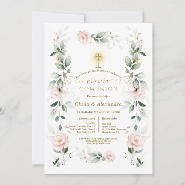 Invitación Rubor Floral Primera Comunión Gemelas Comunión (Anverso)